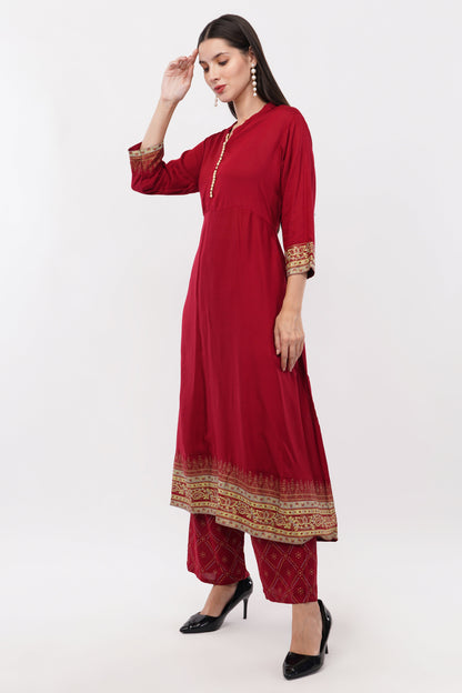 Maroon Anarkali Block Printed, Contrast Button Details - Set Of 3