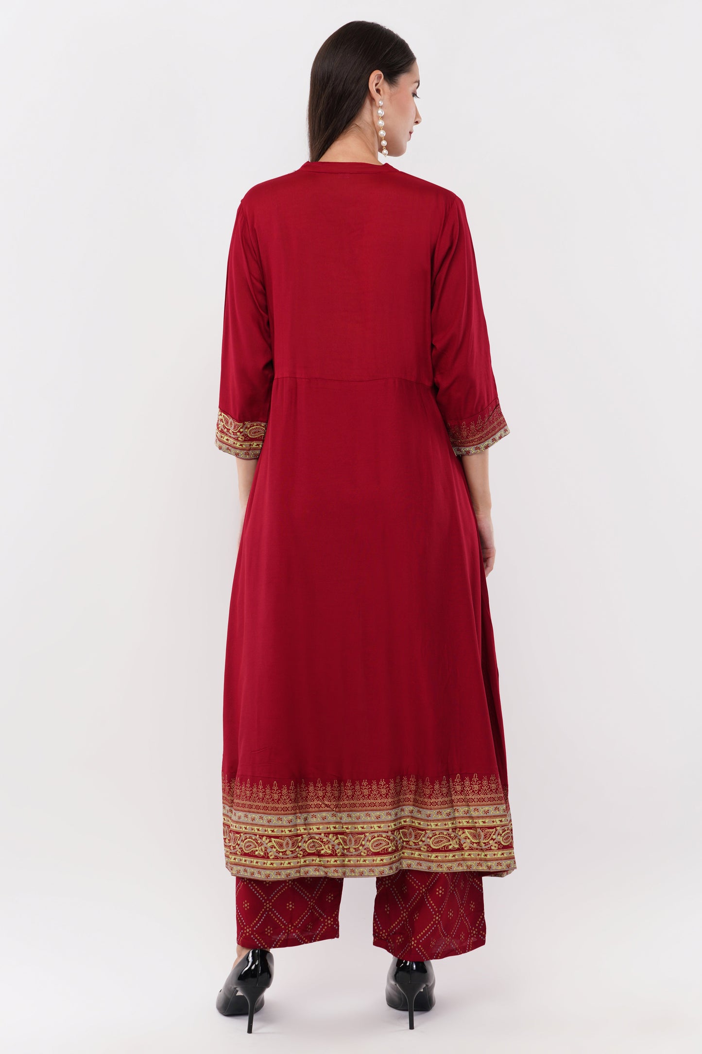 Maroon Anarkali Block Printed, Contrast Button Details - Set Of 3