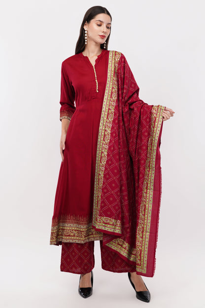 Maroon Anarkali Block Printed, Contrast Button Details - Set Of 3