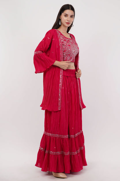 Embroidered Indo-Western Skirt Set With Cape & Dupatta - Set Of 4