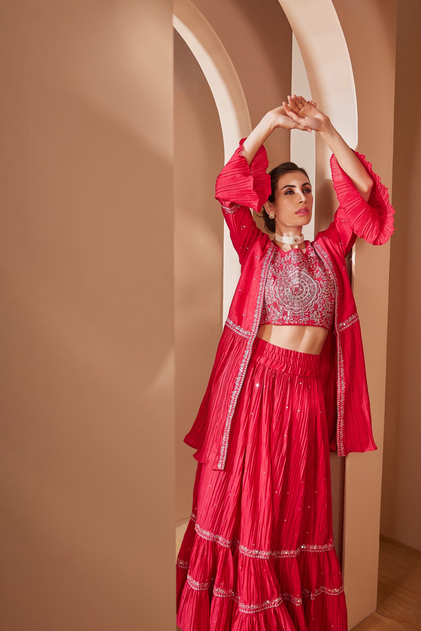 Embroidered Indo-Western Skirt Set With Cape & Dupatta - Set Of 4