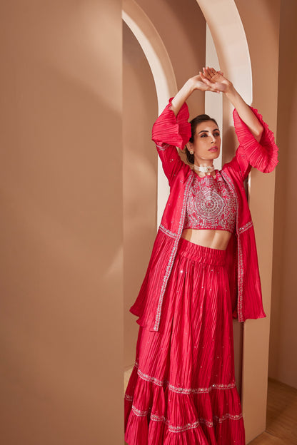 Embroidered Indo-Western Skirt Set With Cape & Dupatta - Set Of 4