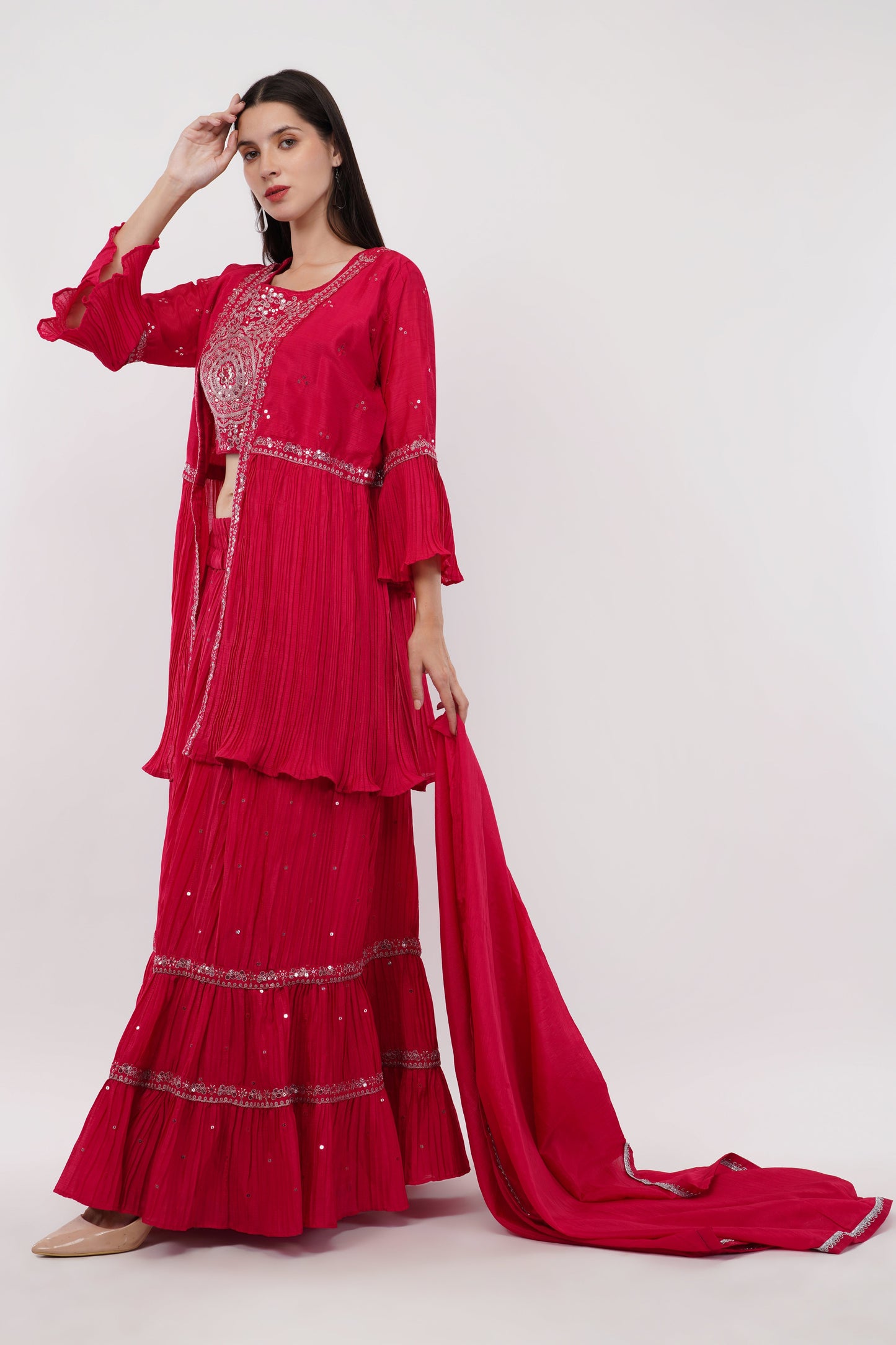 Embroidered Indo-Western Skirt Set With Cape & Dupatta - Set Of 4