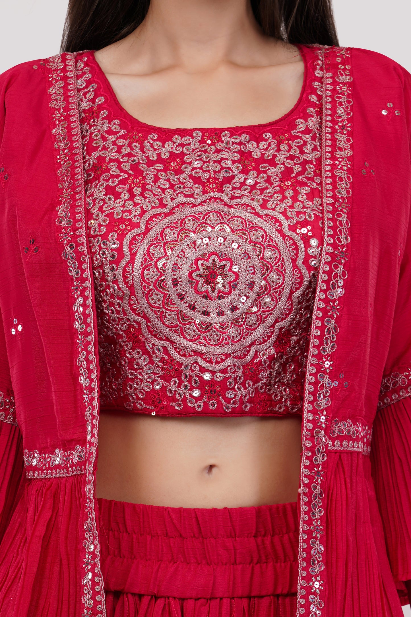 Embroidered Indo-Western Skirt Set With Cape & Dupatta - Set Of 4