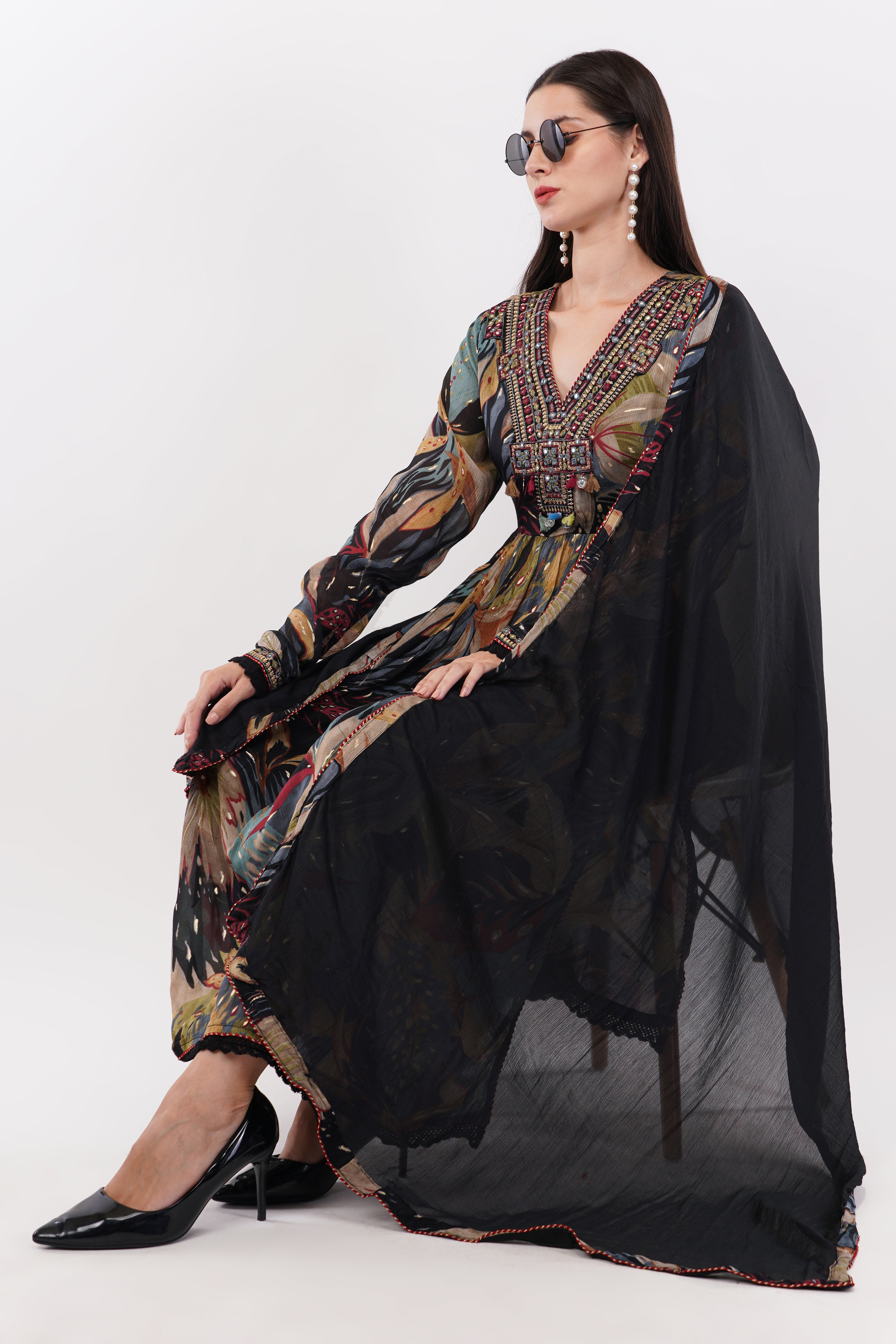 Navy Blue Pure Chinon Chiffon Digital Printed With Chiffon Dupatta Anarkali - Set Of 3