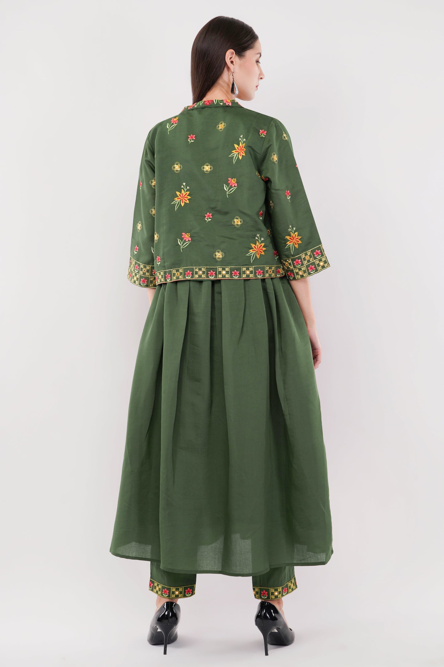 Olive Green Viscose Silk Anarkali Set With Jacket Anarkali - Set Of 3