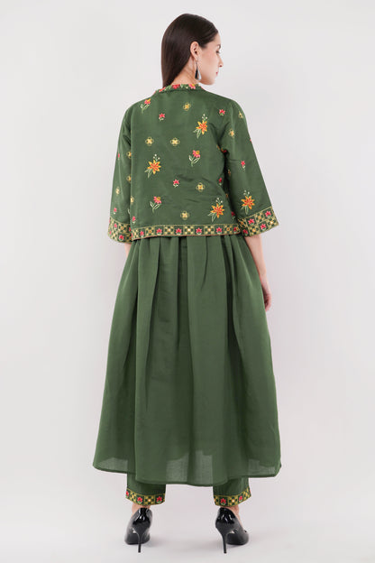 Olive Green Viscose Silk Anarkali Set With Jacket Anarkali - Set Of 3