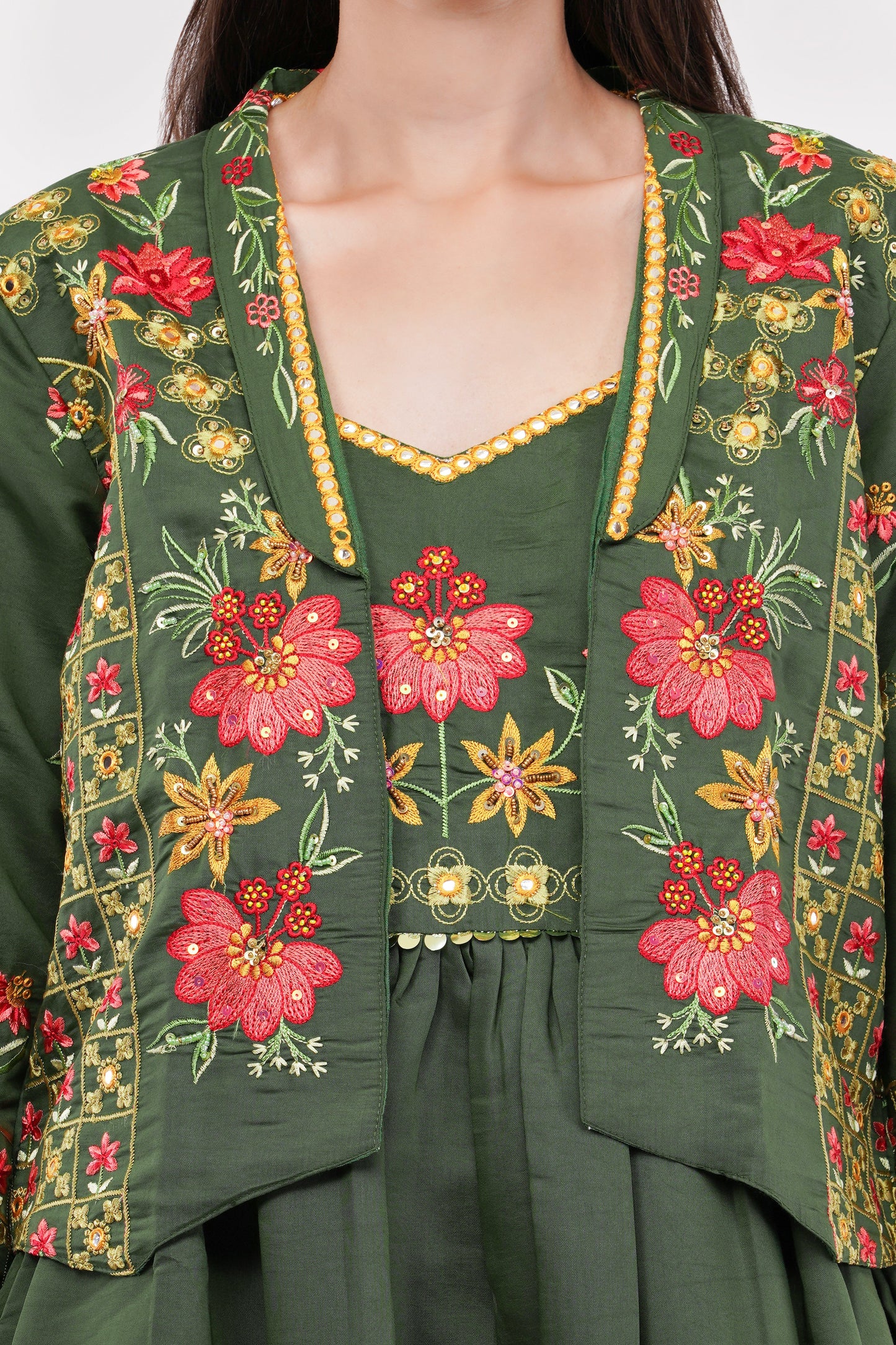 Olive Green Viscose Silk Anarkali Set With Jacket Anarkali - Set Of 3