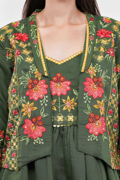 Olive Green Viscose Silk Anarkali Set With Jacket Anarkali - Set Of 3