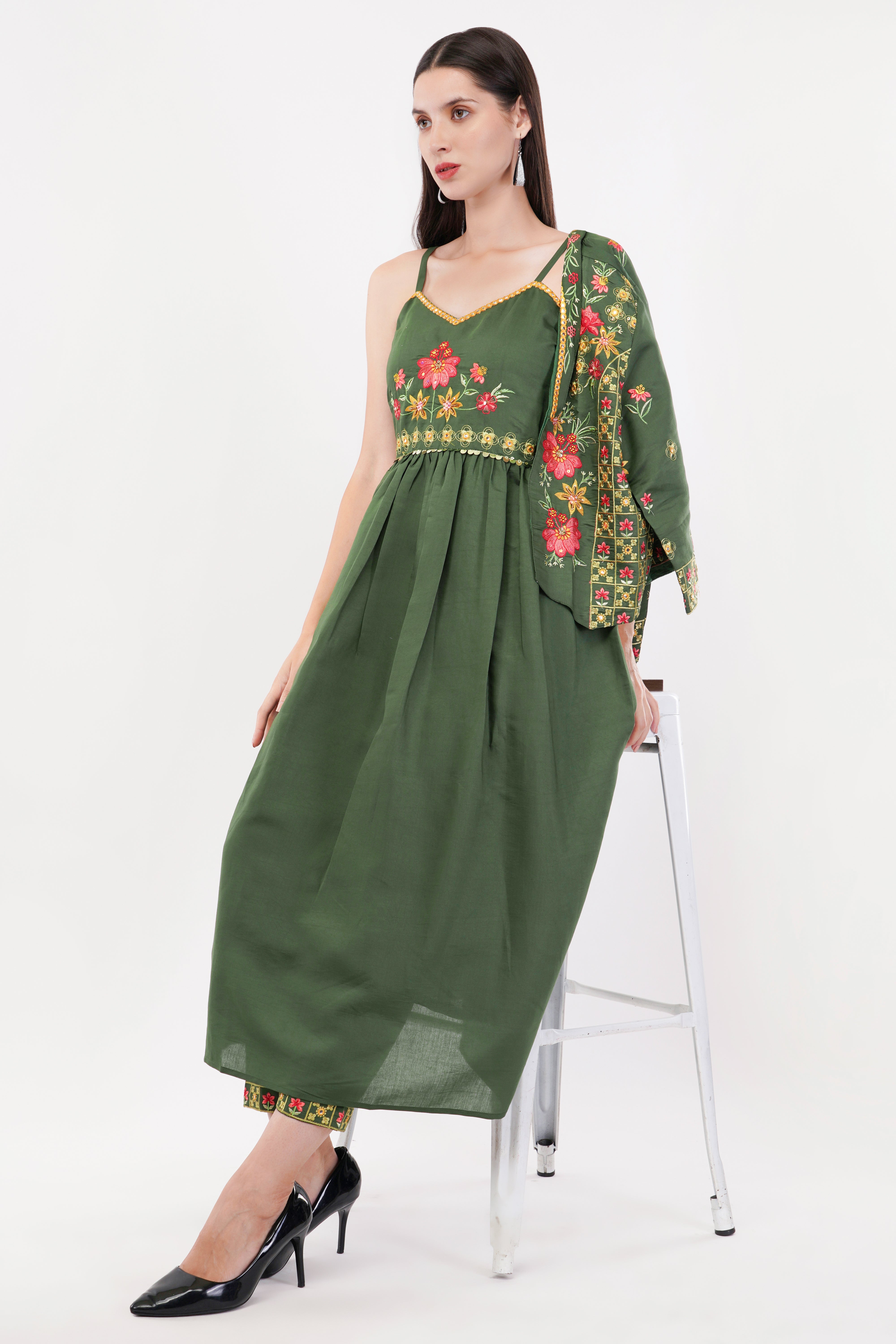 Olive Green Viscose Silk Anarkali Set With Jacket Anarkali - Set Of 3