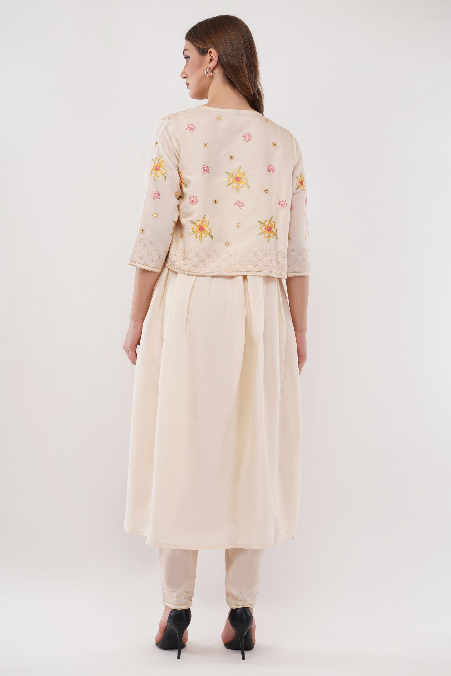 Off White Viscose Silk Anarkali Set With Jacket - Set Of 3