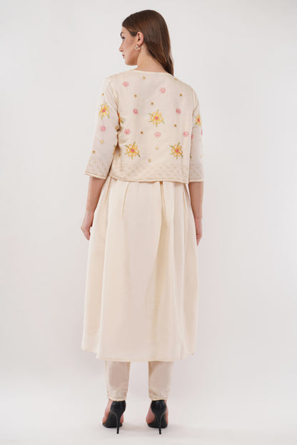Off White Viscose Silk Anarkali Set With Jacket - Set Of 3