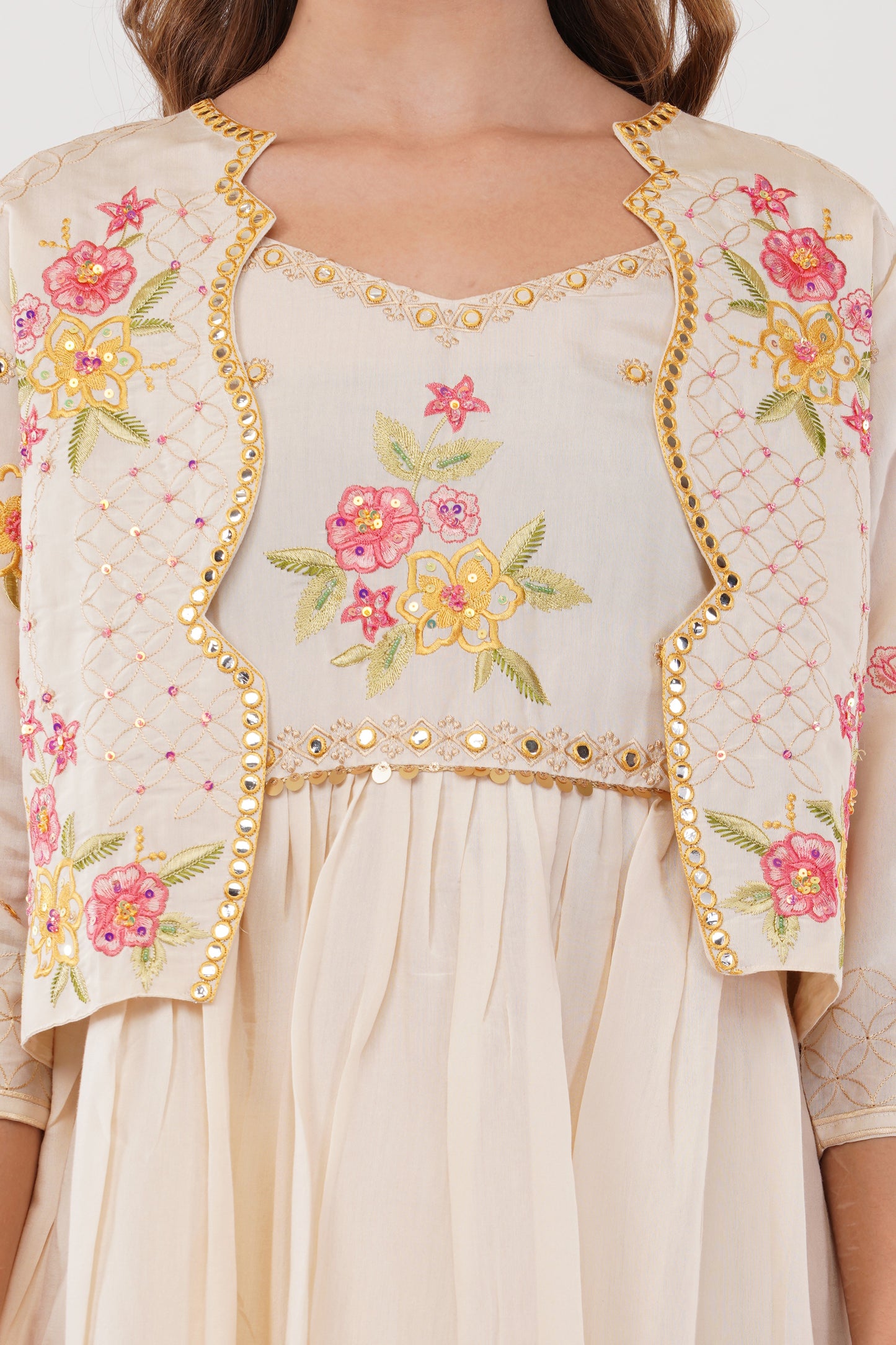 Off White Viscose Silk Anarkali Set With Jacket - Set Of 3