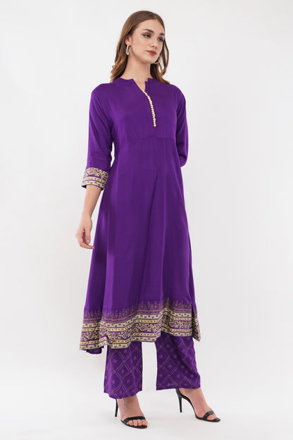 Purple Anarkali Block Printed, Contrast Button Details - Set Of 3