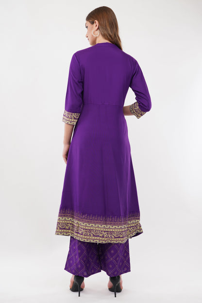 Purple Anarkali Block Printed, Contrast Button Details - Set Of 3