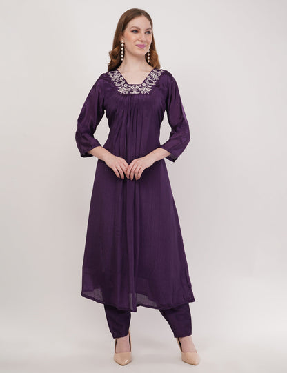 Purple Viscose With Printed Dupatta - Set Of 3