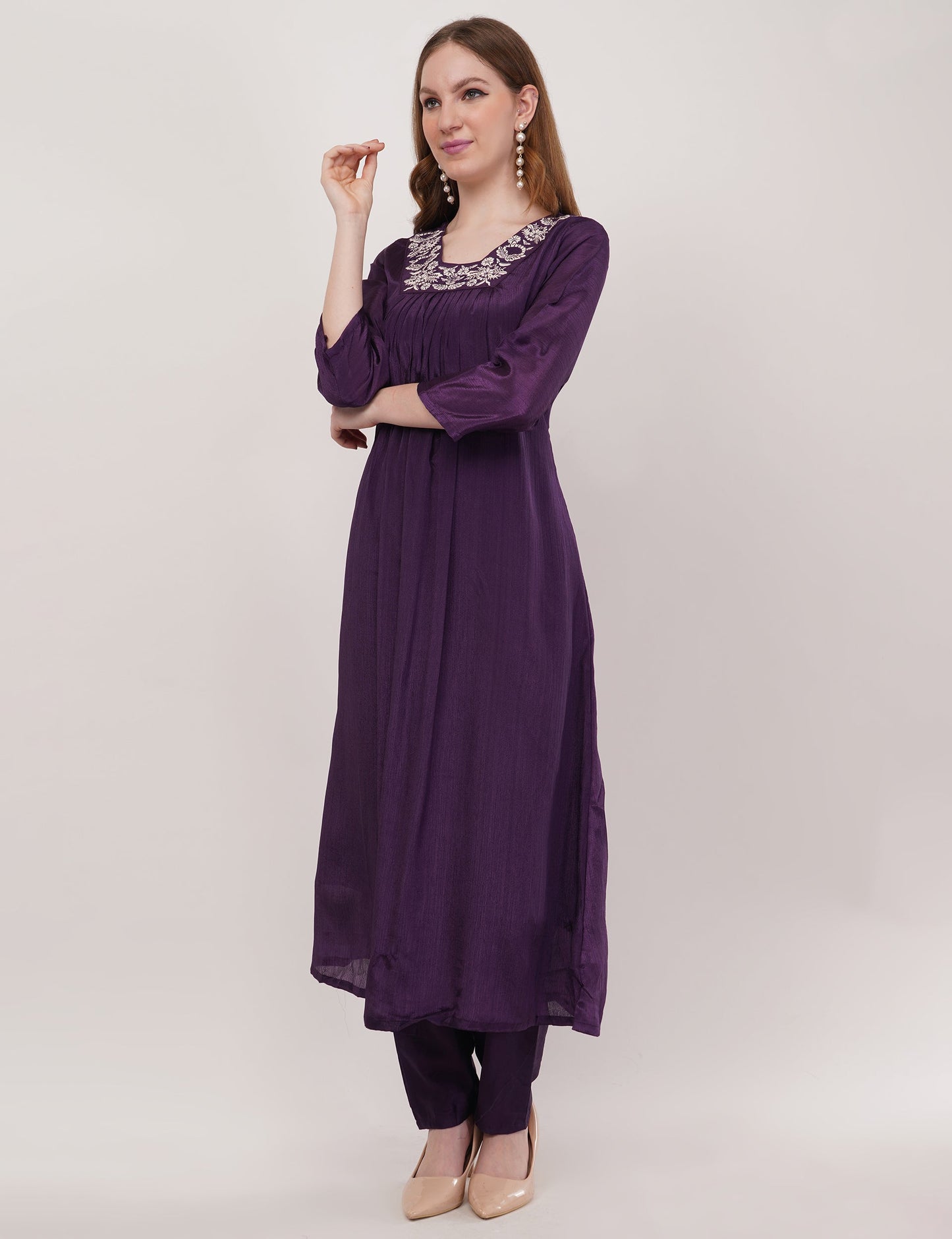 Purple Viscose With Printed Dupatta - Set Of 3