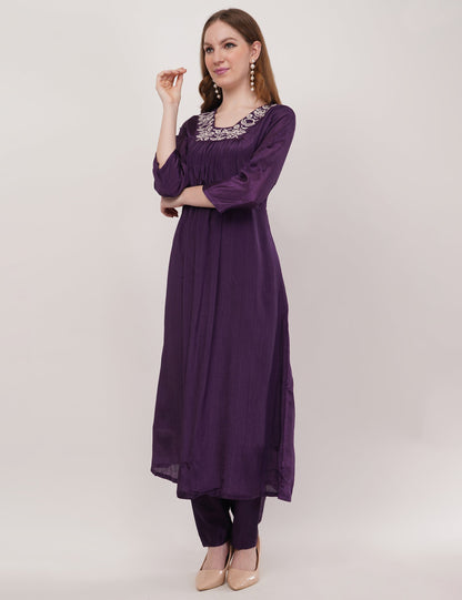 Purple Viscose With Printed Dupatta - Set Of 3