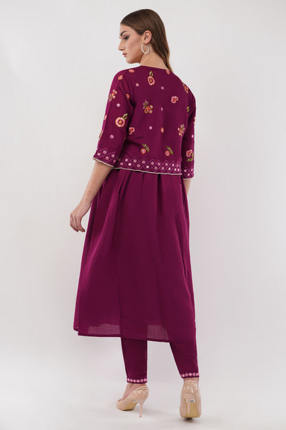 Purple Viscose Silk Anarkali Set With Jacket - Set Of 3