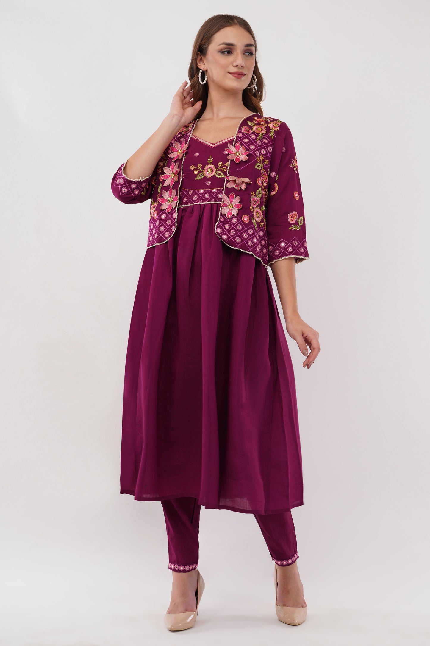 Purple Viscose Silk Anarkali Set With Jacket - Set Of 3