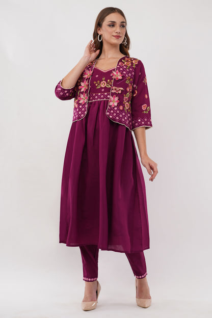 Purple Viscose Silk Anarkali Set With Jacket - Set Of 3