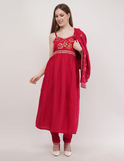 Red Viscose Silk Anarkali Set With Jacket Anarkali - Set Of 3
