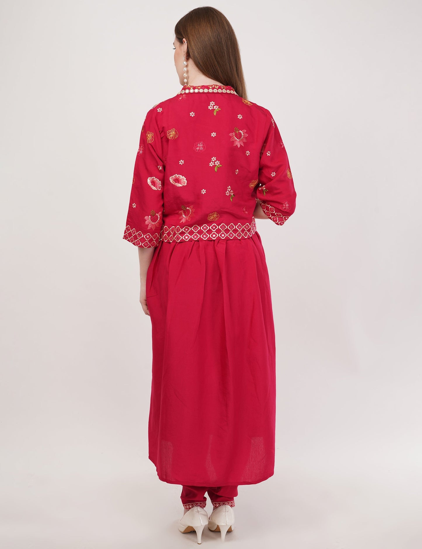 Red Viscose Silk Anarkali Set With Jacket Anarkali - Set Of 3