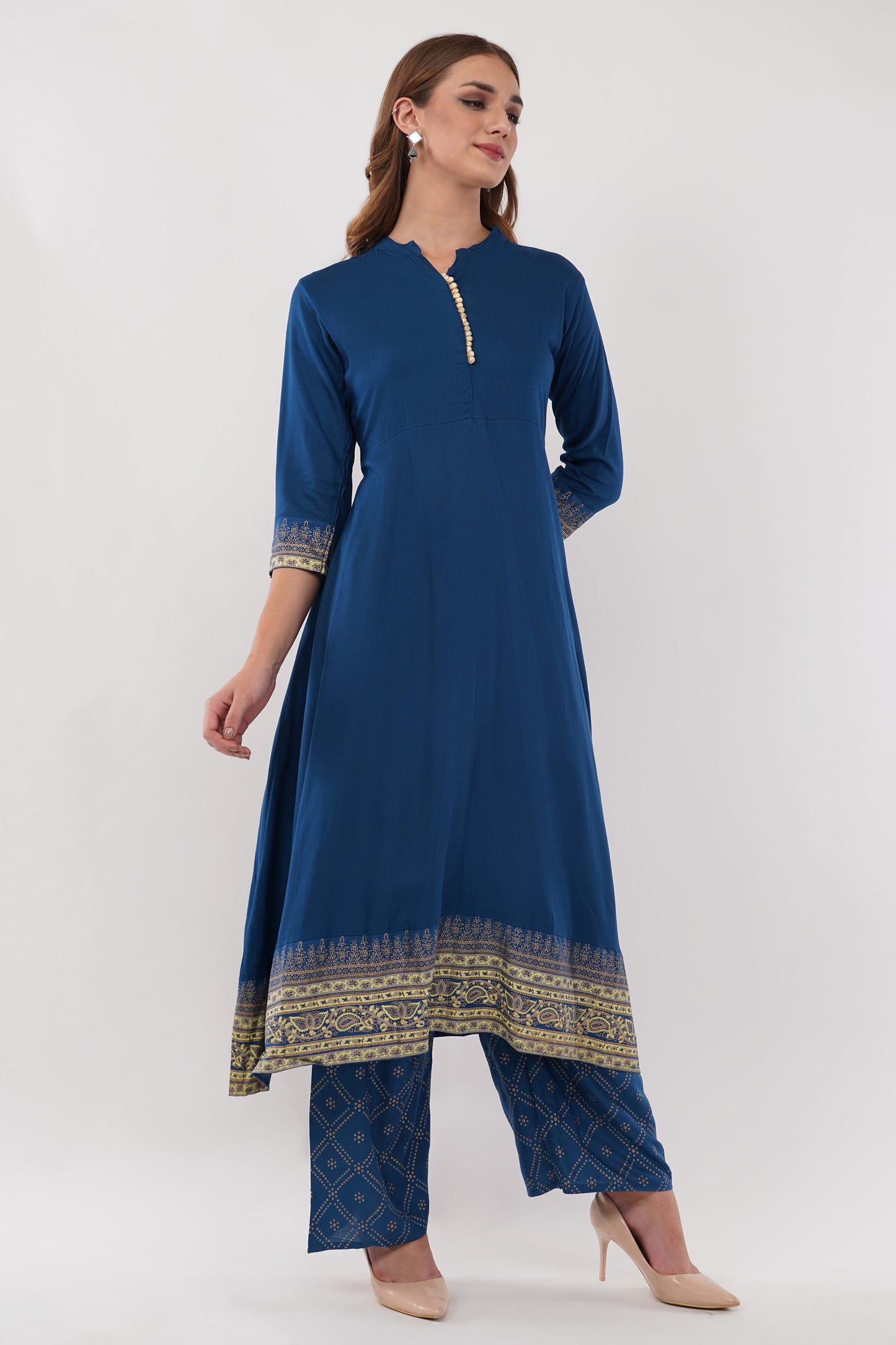 Teal Blue Anarkali Block Printed, Contrast Button Details - Set Of 3