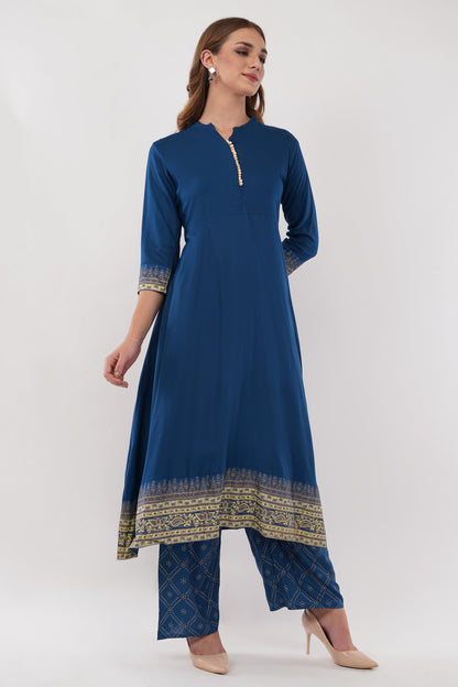 Teal Blue Anarkali Block Printed, Contrast Button Details - Set Of 3