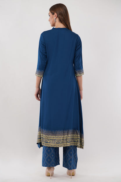 Teal Blue Anarkali Block Printed, Contrast Button Details - Set Of 3