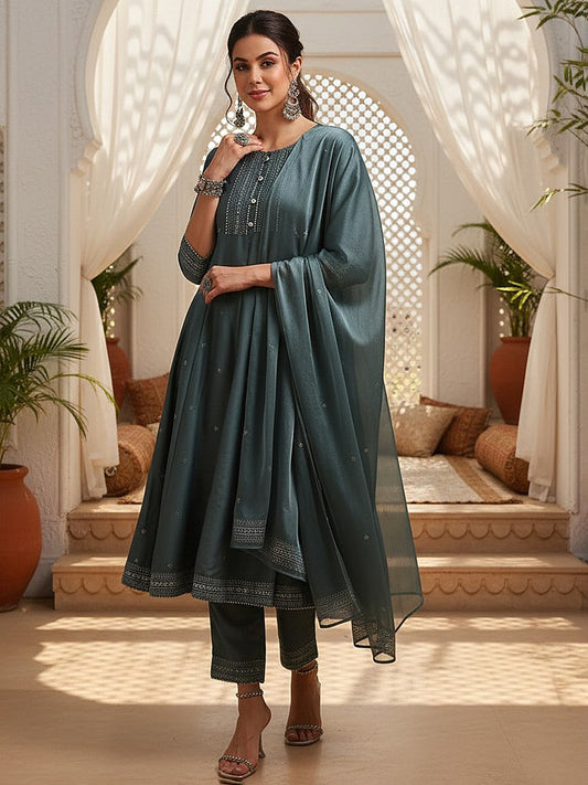 Teal Poly Silk Anarkali Kurta Pant With Dupatta
