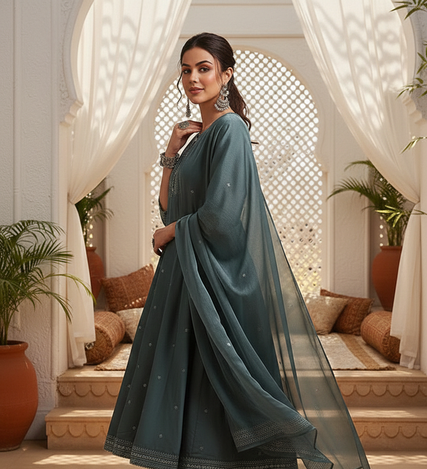 Teal Poly Silk Anarkali Kurta Pant With Dupatta