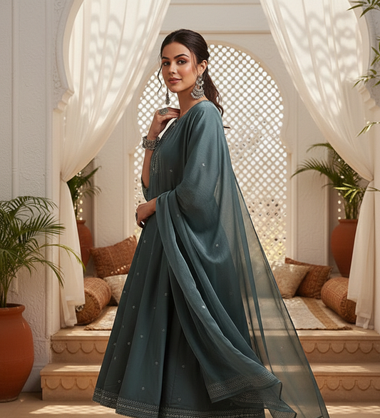 Teal Poly Silk Anarkali Kurta Pant With Dupatta