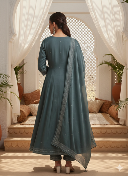 Teal Poly Silk Anarkali Kurta Pant With Dupatta