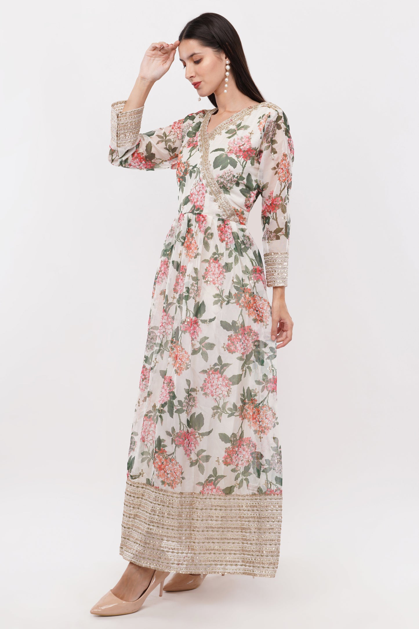 Off White Printed Anarkali Gown Set - Set Of 3