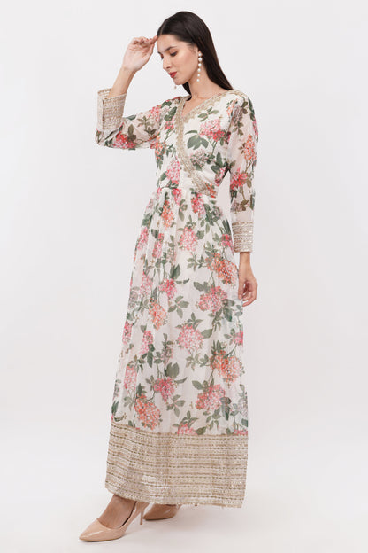 Off White Printed Anarkali Gown Set - Set Of 3