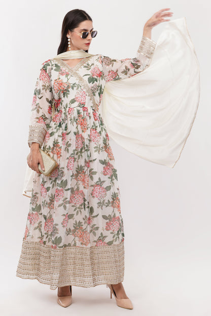 Off White Printed Anarkali Gown Set - Set Of 3