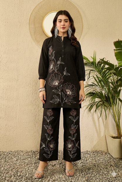 Black Silk Blend Solid Embroidered Coord Sets