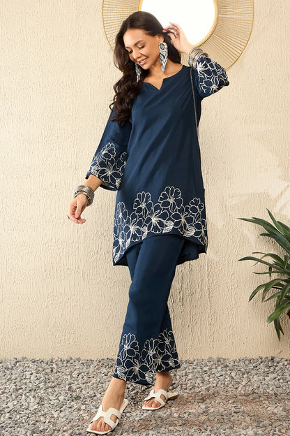 Blue Silk Blend Solid Embroidered Coord Sets