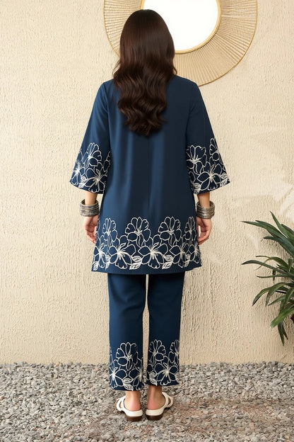Blue Silk Blend Solid Embroidered Coord Sets
