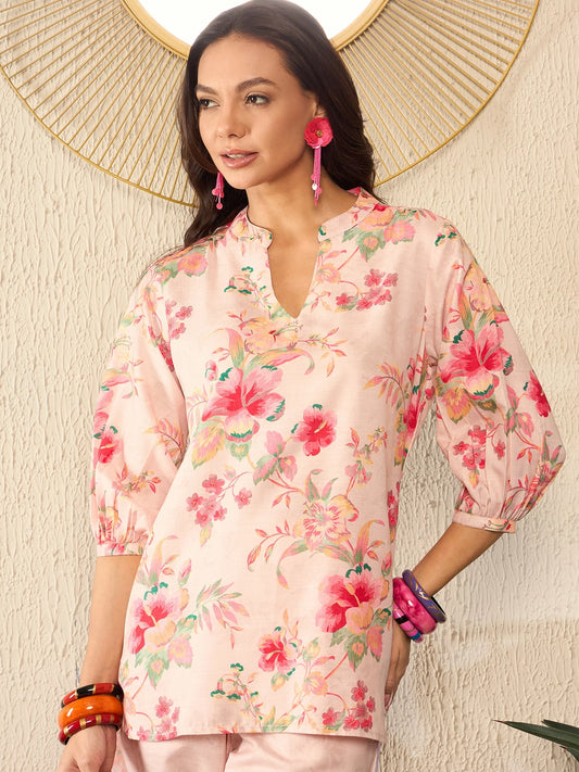 Cream Rayon Blend Floral Printed Co-ord Set