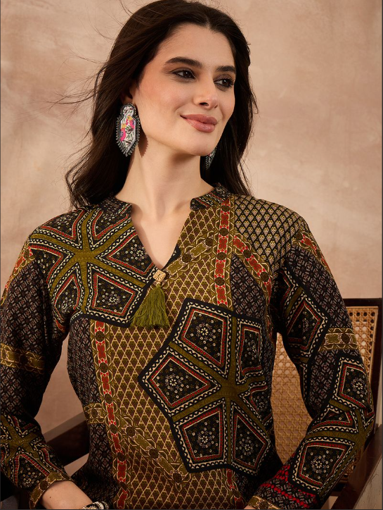 Green Viscose Rayon Printed Straight Coord Sets