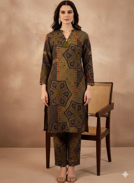 Green Viscose Rayon Printed Straight Coord Sets