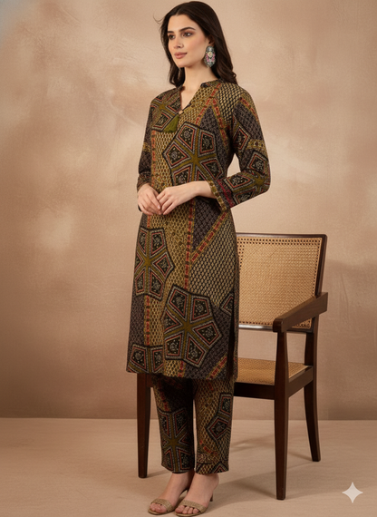 Green Viscose Rayon Printed Straight Coord Sets