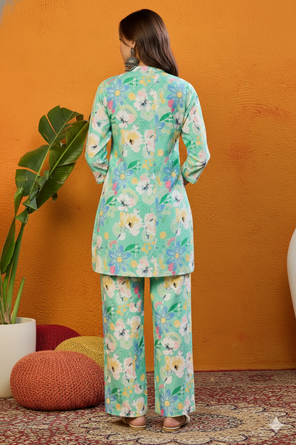 Green Rayon Blend Floral Printed Straight Co-ords Sets