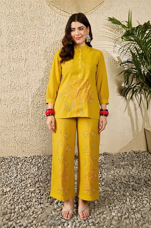 Mustard Silk Blend Solid Embroidered Regular Coord Sets