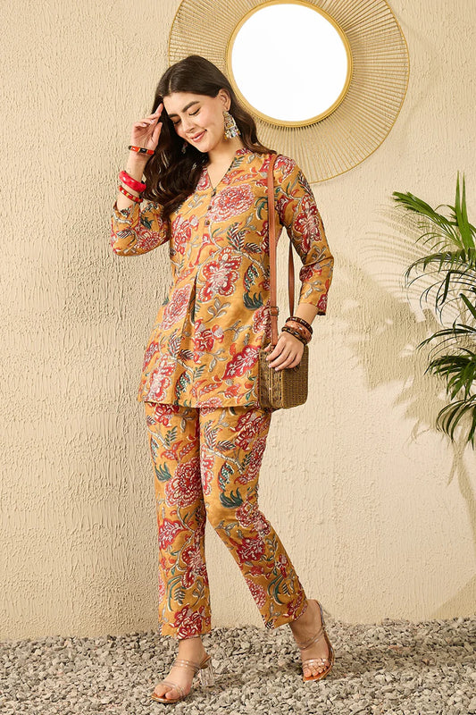Mustard Yellow Rayon Blend Floral Printed Co-Ord Set