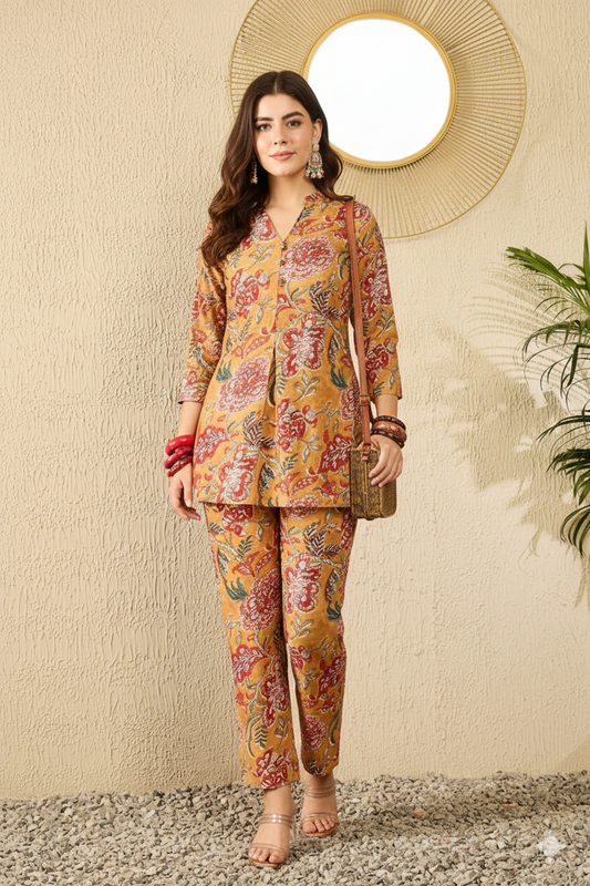 Mustard Yellow Rayon Blend Floral Printed Co-Ord Set