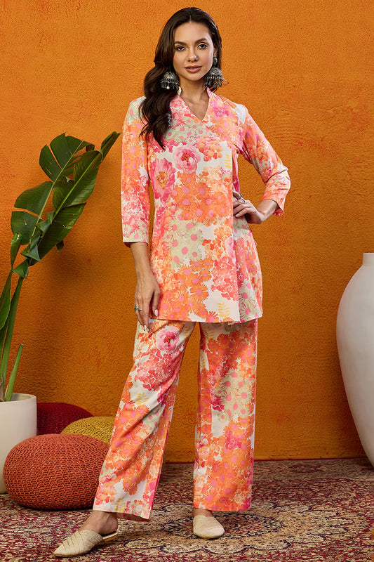 Orange Rayon Blend Floral Printed Straight Co-ords Sets