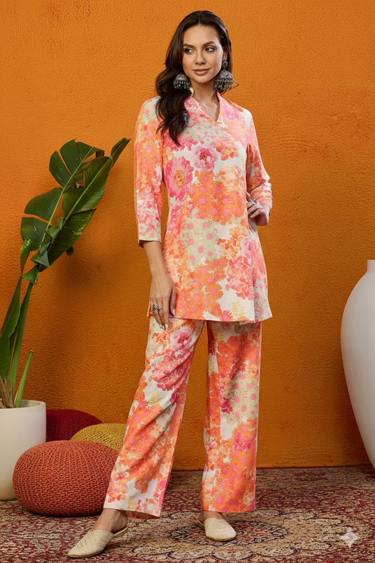 Orange Rayon Blend Floral Printed Straight Co-ords Sets